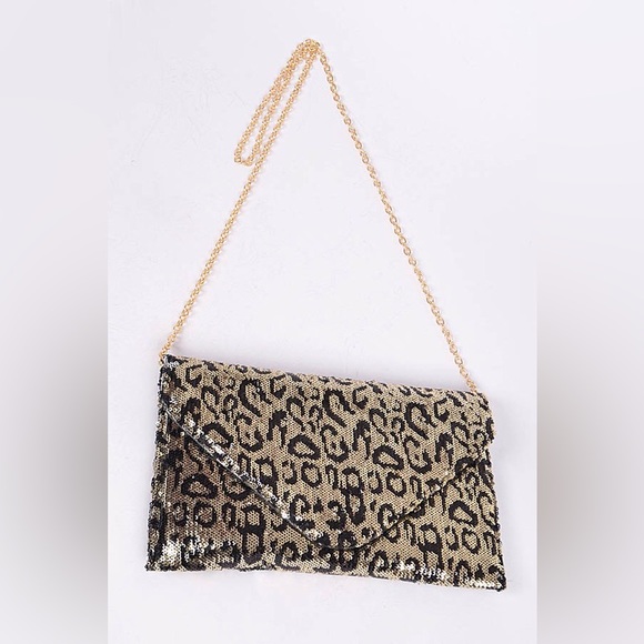 Metallic Gold Leopard Animal Print Sequins Envelope Clutch Bag - Picture 4 of 5